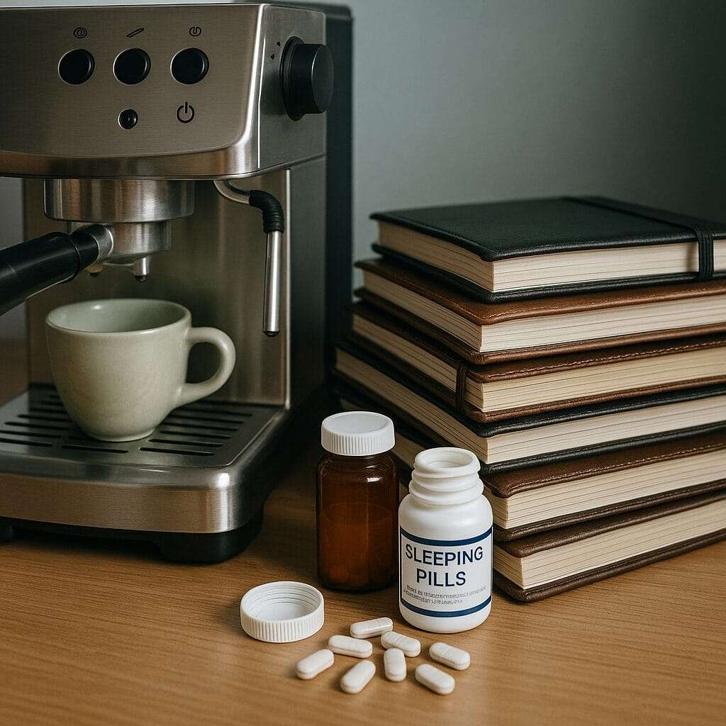 A stainless steel espresso machine next to a stack of planners and pill bottles, including labeled sleeping pills—symbolizing overwork, overfunctioning, and hidden burnout