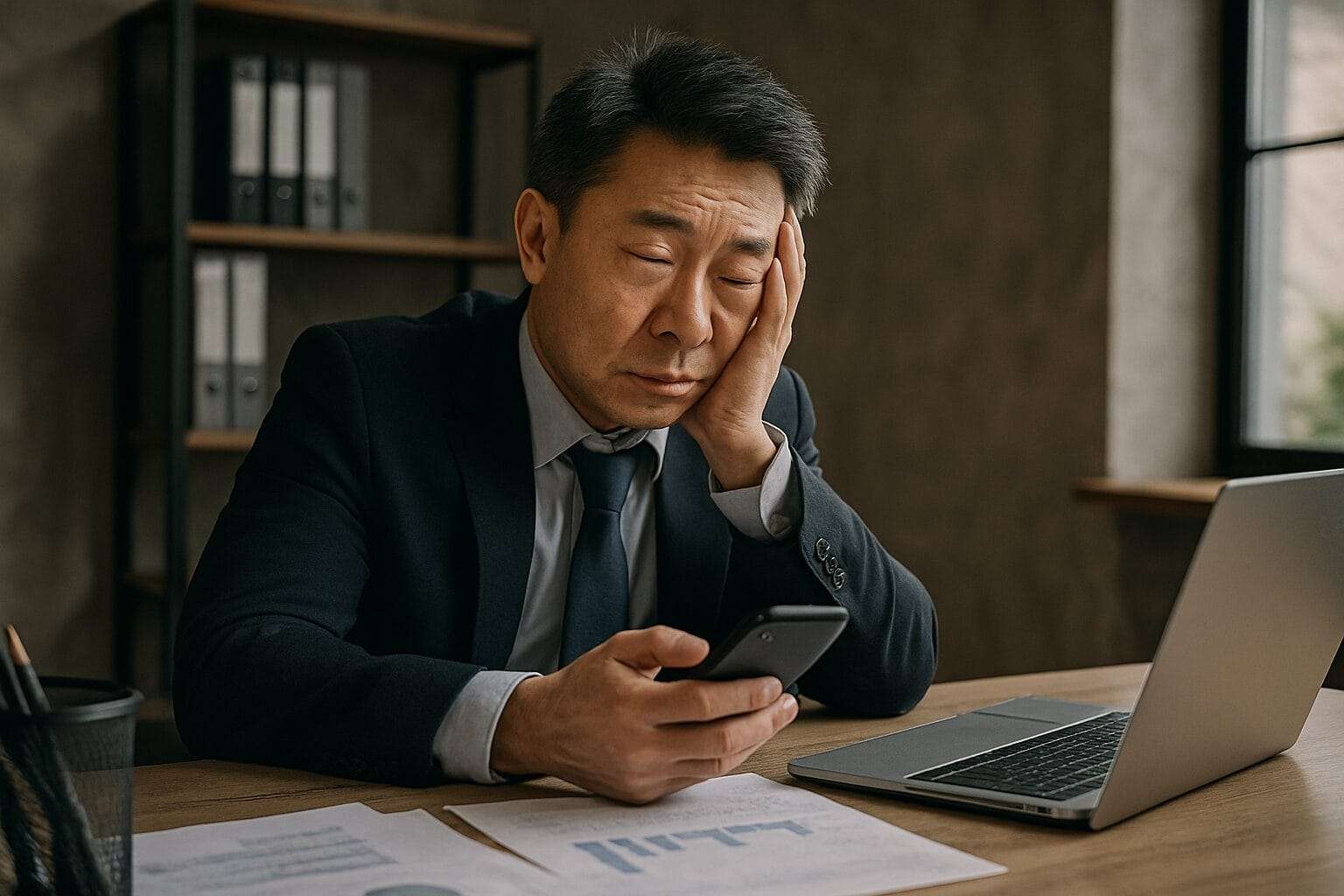 Middle-aged Asian businessman looking fatigued at his desk, holding a phone with eyes closed in exhaustion