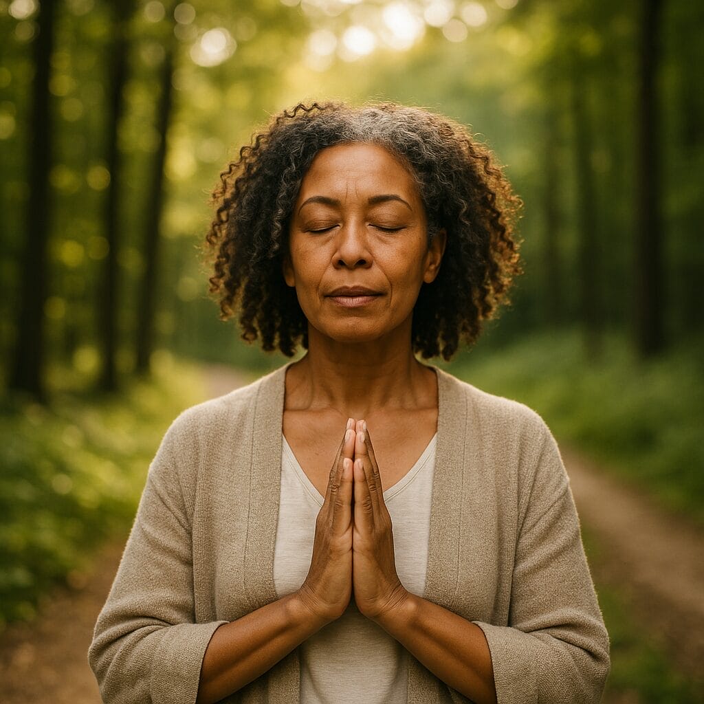 A serene woman stands in quiet reflection with hands in prayer, surrounded by tall trees and warm golden light, symbolizing personal spirituality and healing.