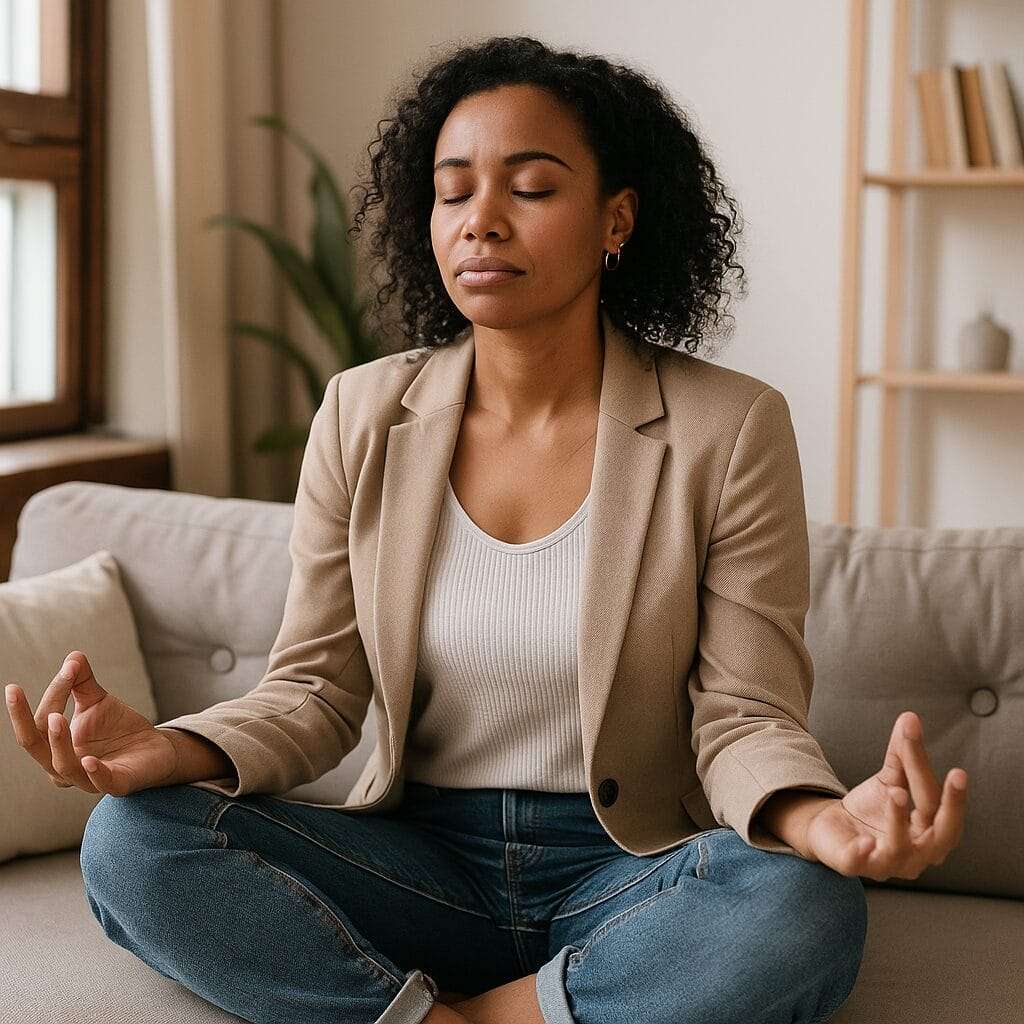 A photograph of an African-American woman sitting peacefully near a window with a soft expression, surrounded by natural light and houseplants—symbolizing emotional clarity, nervous system reset, and the beginning of healing from burnout.