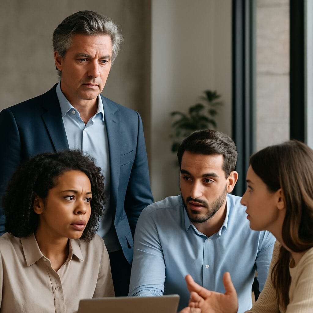 Concerned manager observing a serious discussion among three employees in a modern office setting