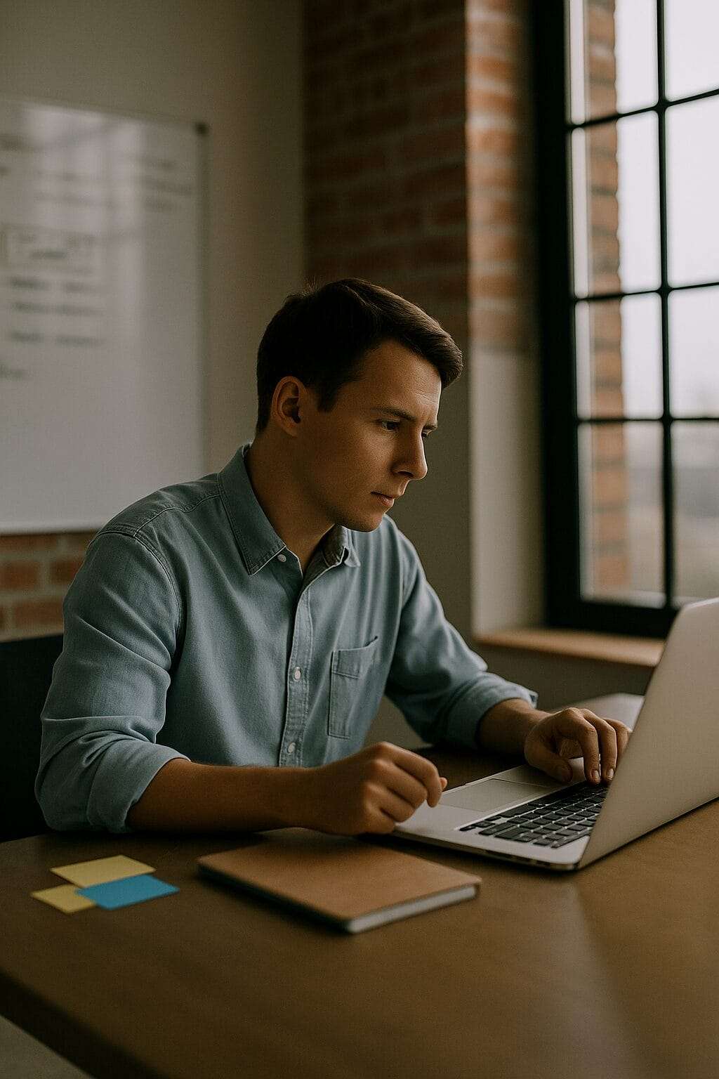 Young professional seated at a desk in a sunlit office, intently working on a laptop—symbolizing quiet focus, self-discipline, and the process of rebuilding trust through consistent presence