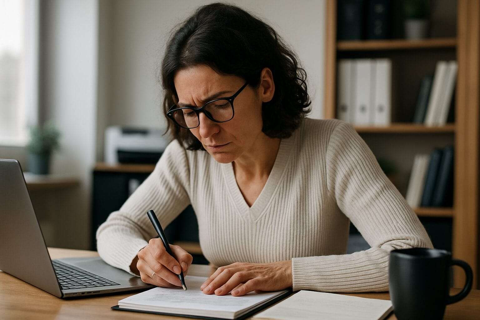 Woman in her late 30s working intensely at her desk, showing signs of quiet determination and emotional exhaustion