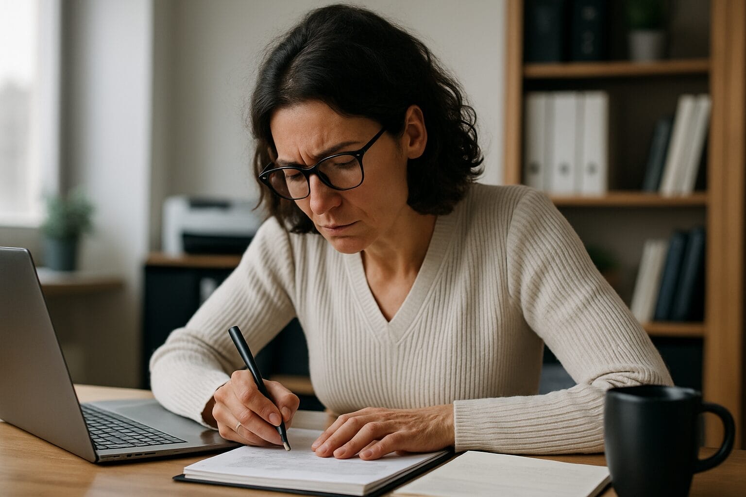 Woman in her late 30s working intensely at her desk, showing signs of quiet determination and emotional exhaustion