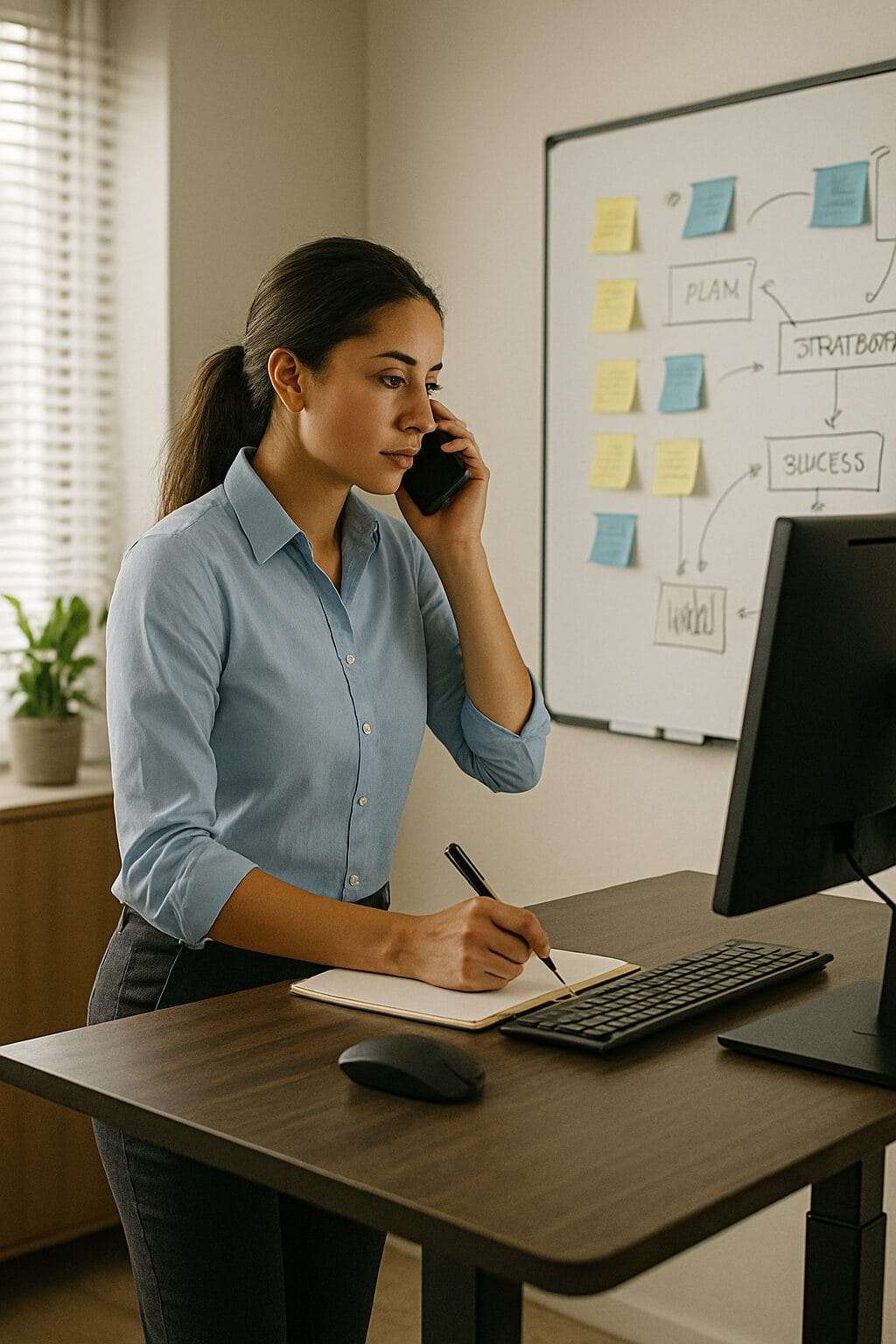 Woman at standing desk multitasking with phone and notes, strategizing in structured office space
