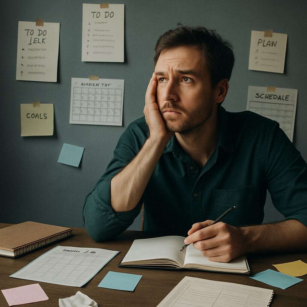 Person surrounded by tasks and goals looking overwhelmed and disconnected