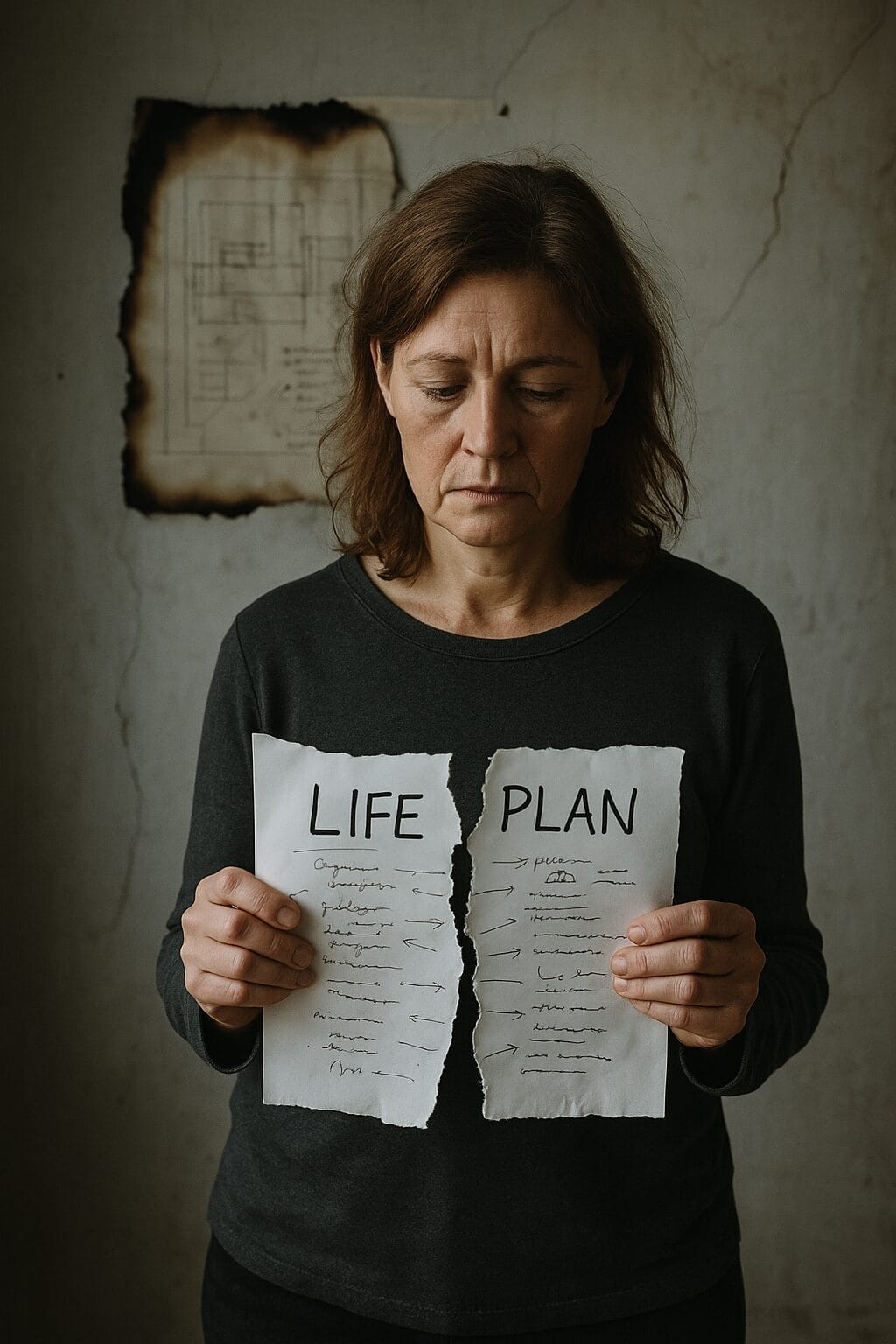 Person holding a torn life plan, reflecting on the collapse of past goals