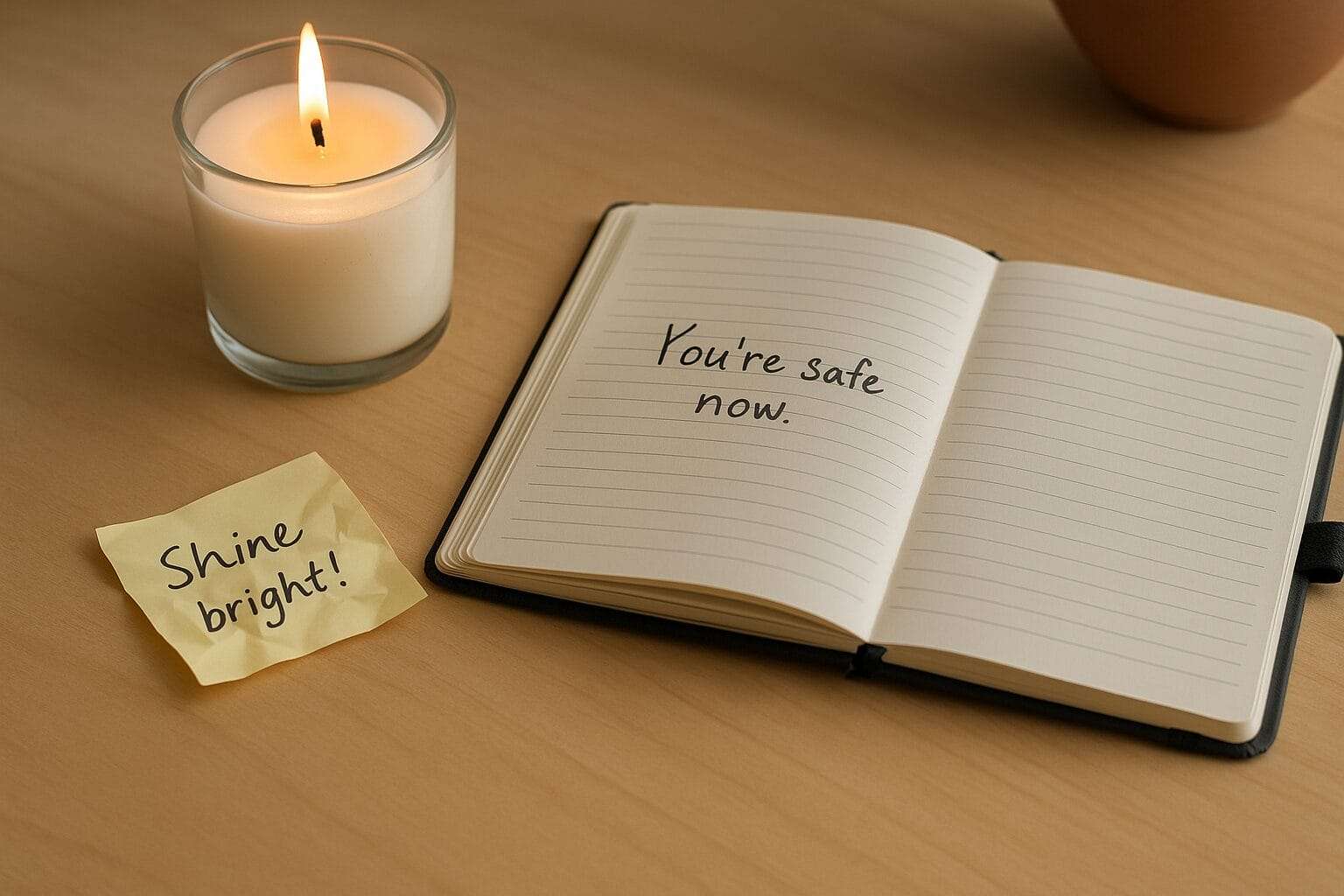 Desk with a crumpled sticky note reading “Shine bright!”, a candle, and an open journal that says “You’re safe now.”