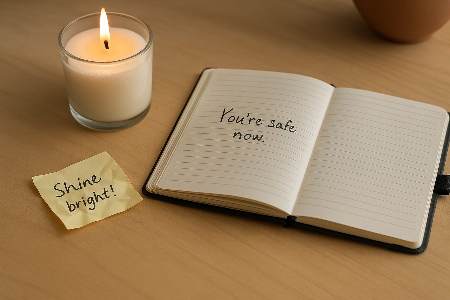 Desk with a crumpled sticky note reading “Shine bright!”, a candle, and an open journal that says “You’re safe now.”