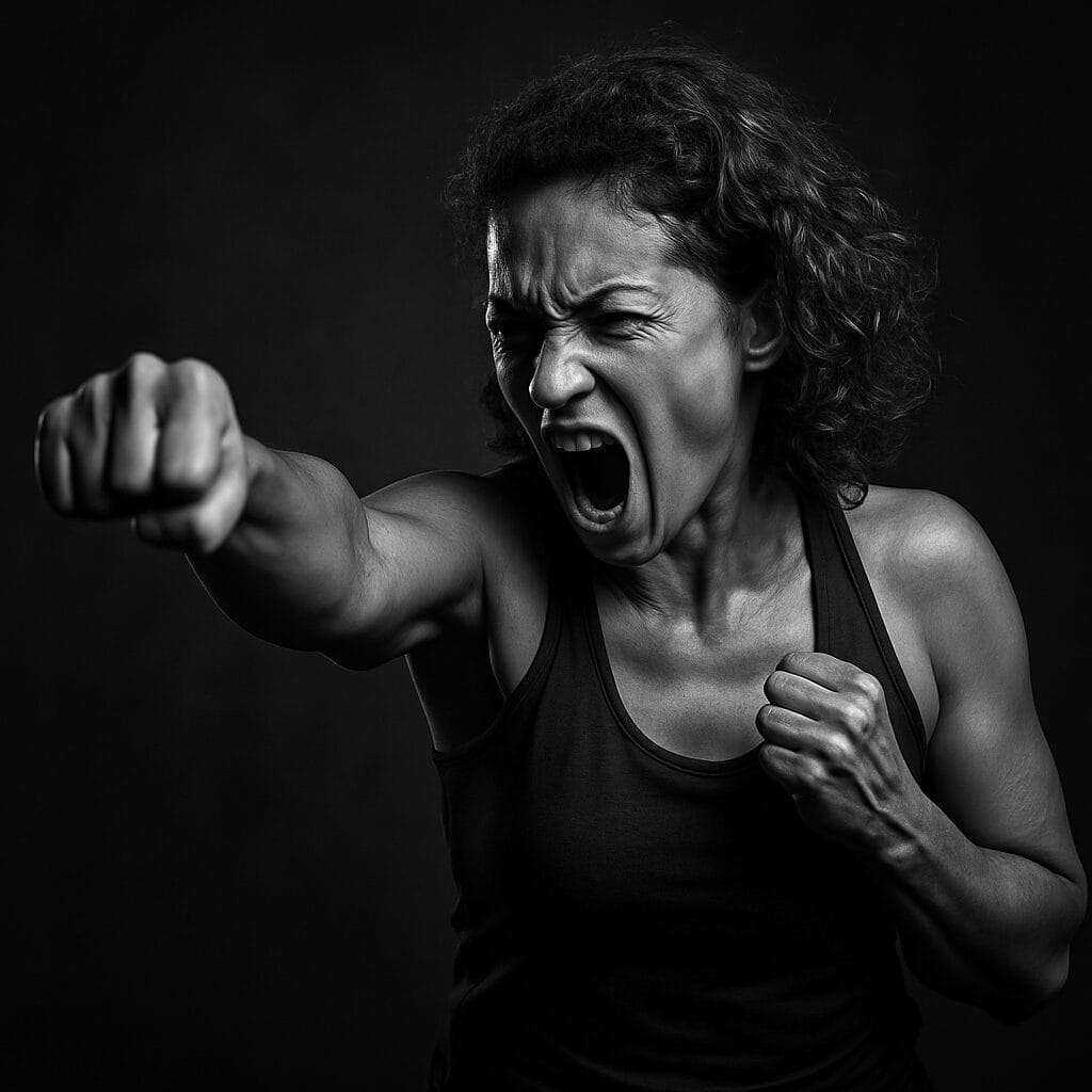 Woman mid-punch with intense expression, channeling emotion through physical movement