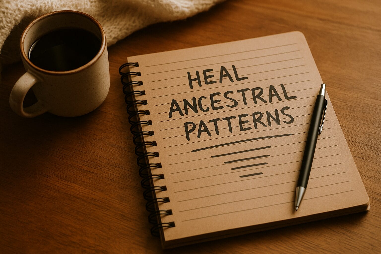 A spiral-bound journal with the handwritten phrase “HEAL ANCESTRAL PATTERNS” rests on a wooden table next to a black pen and a ceramic mug. A soft cream-colored blanket adds warmth to the background.