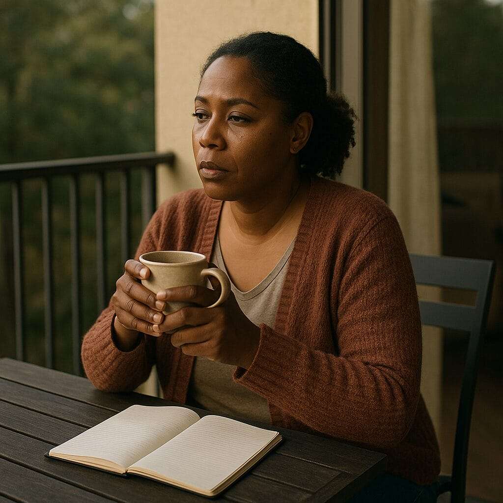 A Black woman in her early 40s sits on a balcony in the morning light, holding a mug and looking out thoughtfully. An open notebook rests nearby, symbolizing quiet recovery and emotional reclamation.