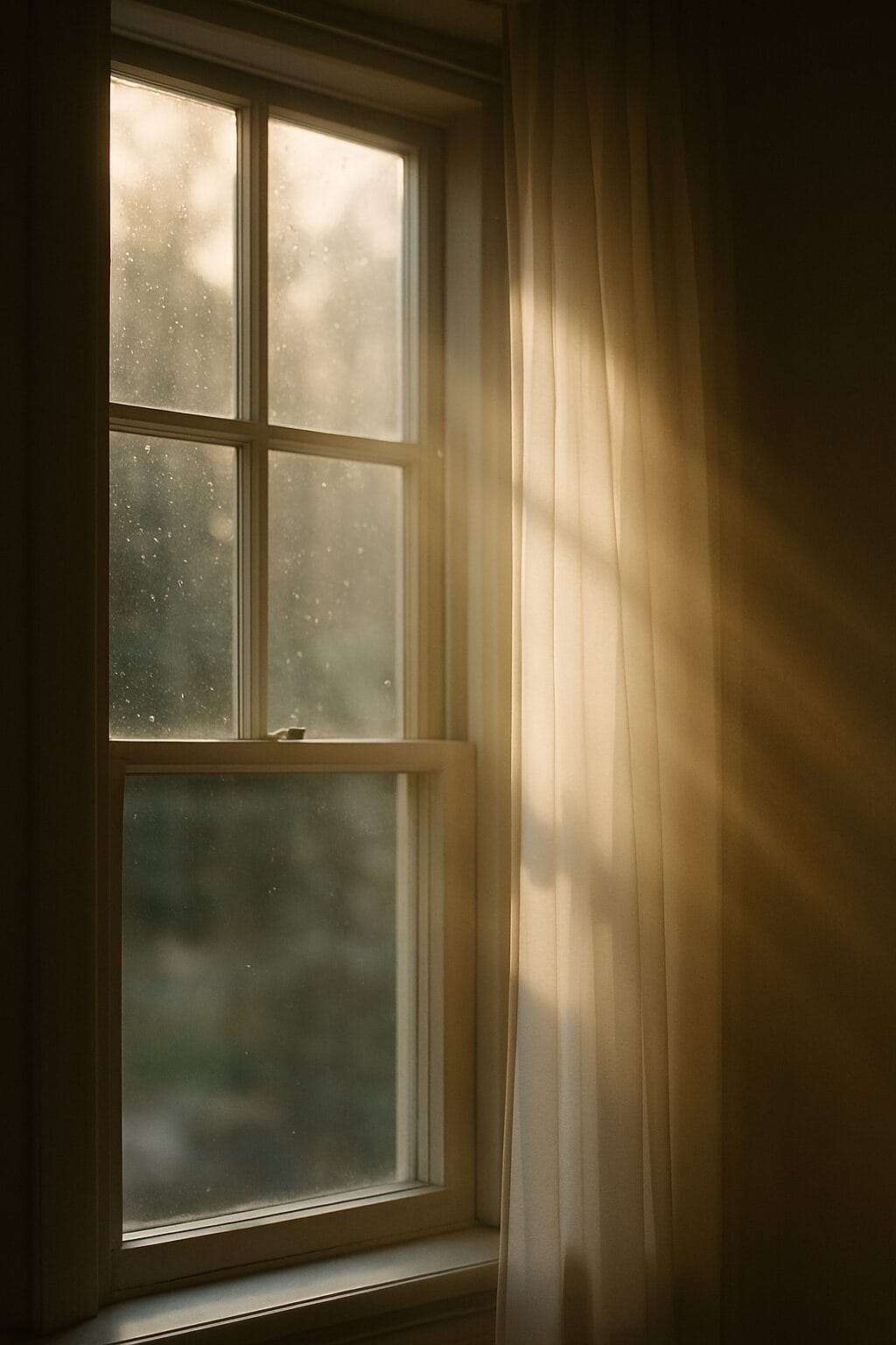 Sunlight streaming gently through a window with sheer curtains, casting warm light into a quiet room, symbolizing the soft beginning of emotional healing