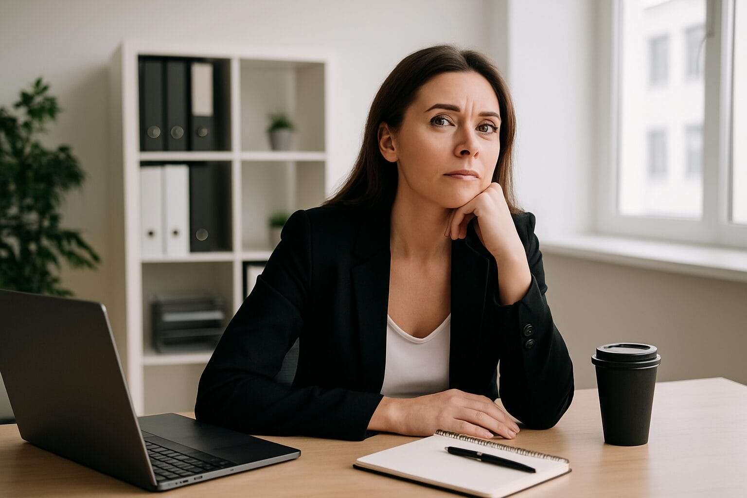 A professional woman sitting calmly at her desk, symbolizing mindful leadership and emotional healing