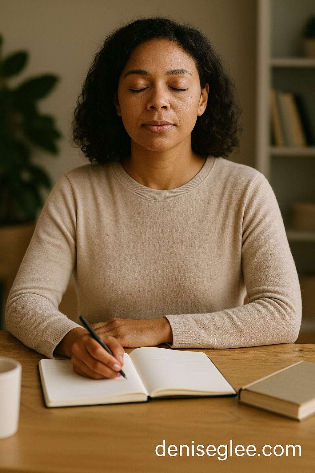 A calm African American woman sits with eyes closed, journaling in a peaceful room, symbolizing the quiet, intentional process of healing from passive-aggressive parental abuse