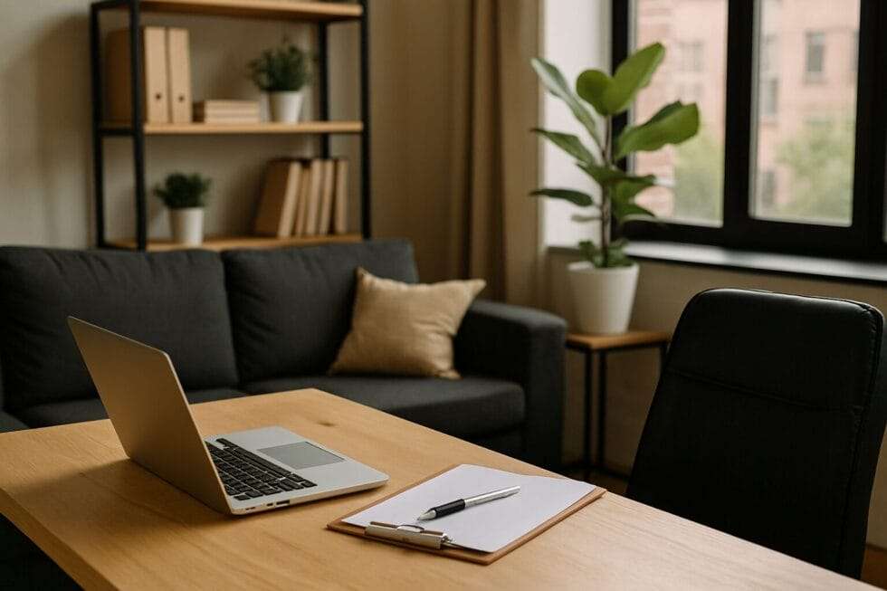 Modern office with laptop and clipboard on desk, symbolizing a clear audit workspace