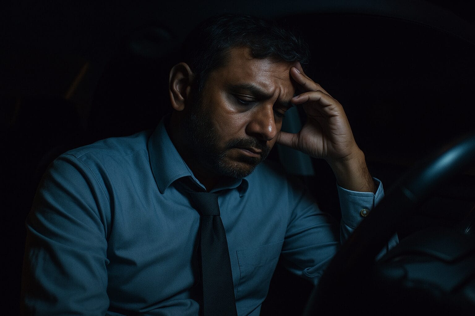 A middle-aged South Asian man in work clothes sits alone in his car at night, lit by dashboard glow, with a hand to his forehead and eyes closed in exhaustion.