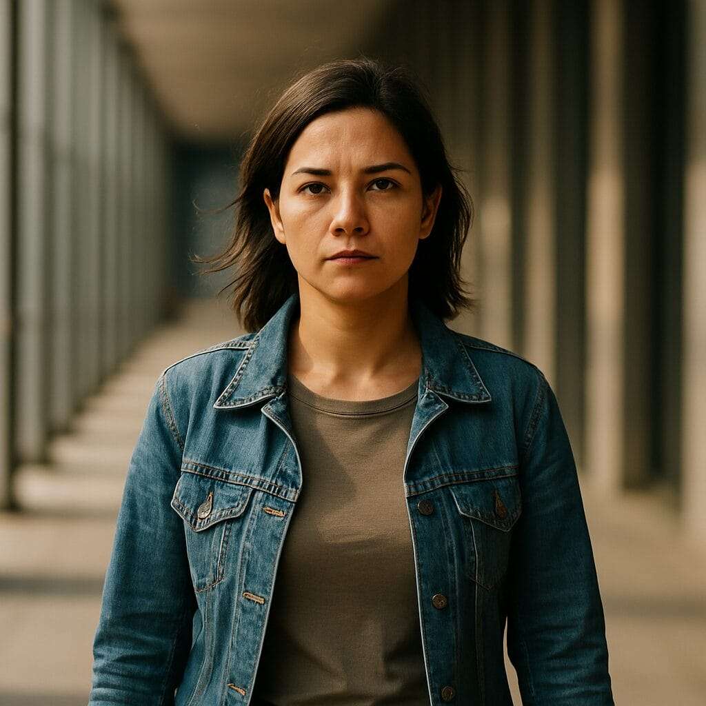 A confident Hispanic woman in a denim jacket and taupe shirt walks forward in a sunlit corridor, wearing a serious, determined expression.