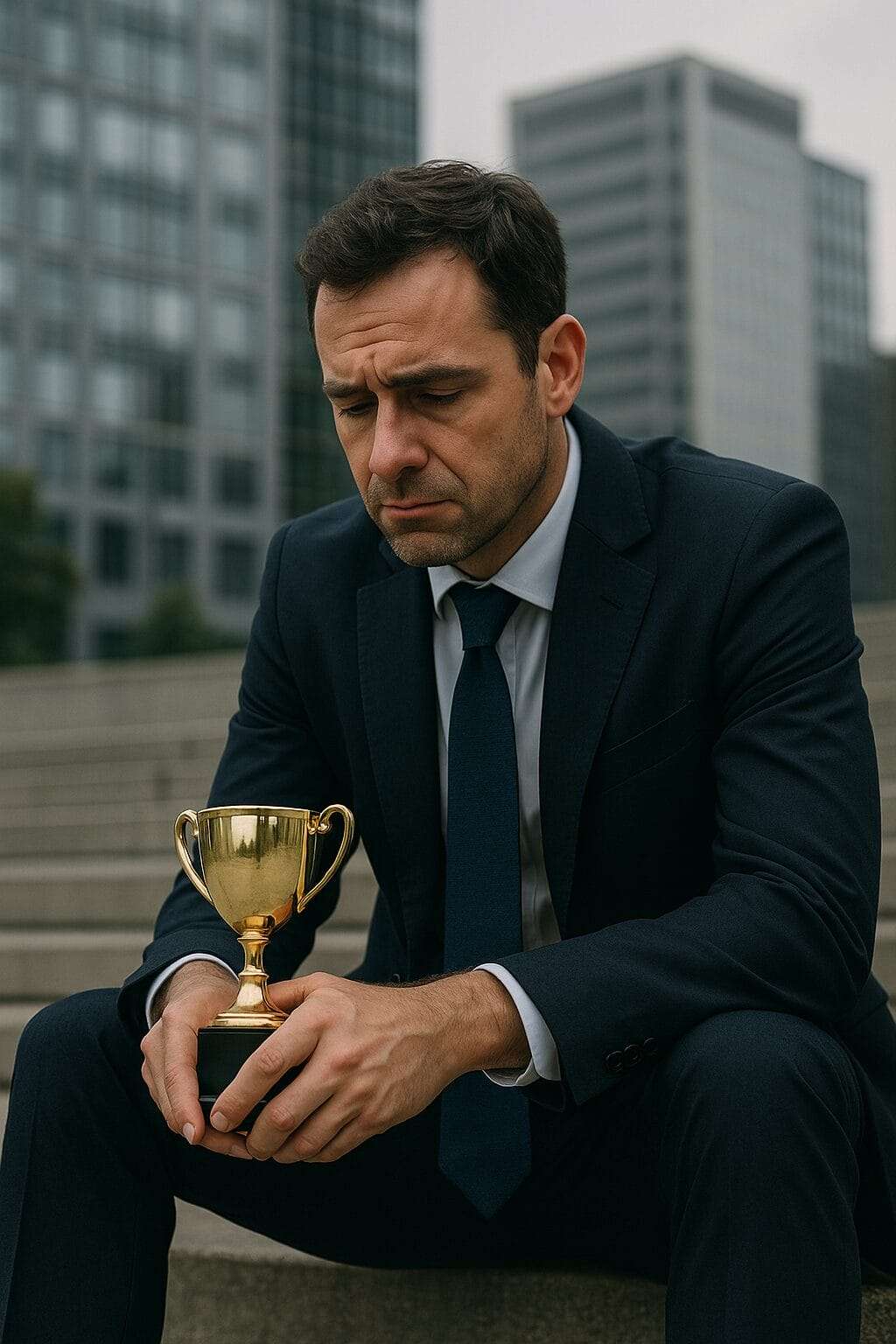 Man in a business suit holding a gold trophy with a somber expression on concrete steps