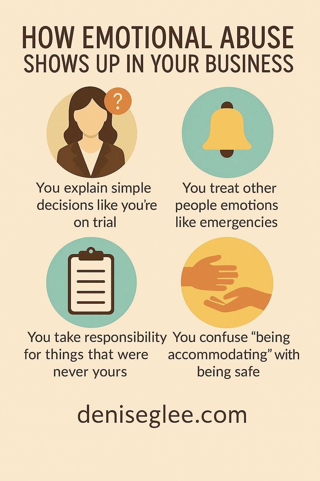 Infographic showing four ways emotional abuse appears in business, including overexplaining, emotional caretaking, misplaced responsibility, and confusing accommodation with safety