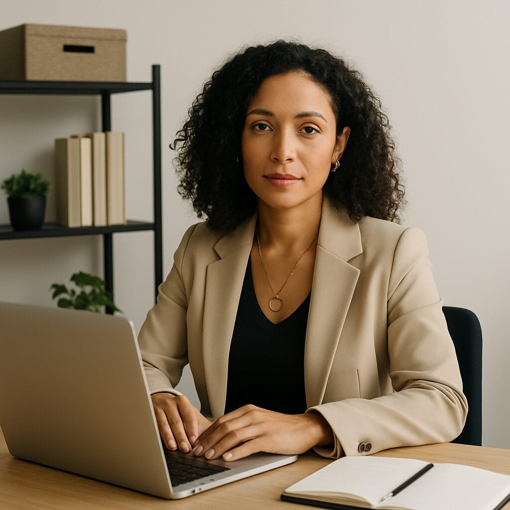 Confident woman with a journal and laptop, seated in a peaceful, light-filled workspace symbolizing clarity and readiness for deep personal growth.