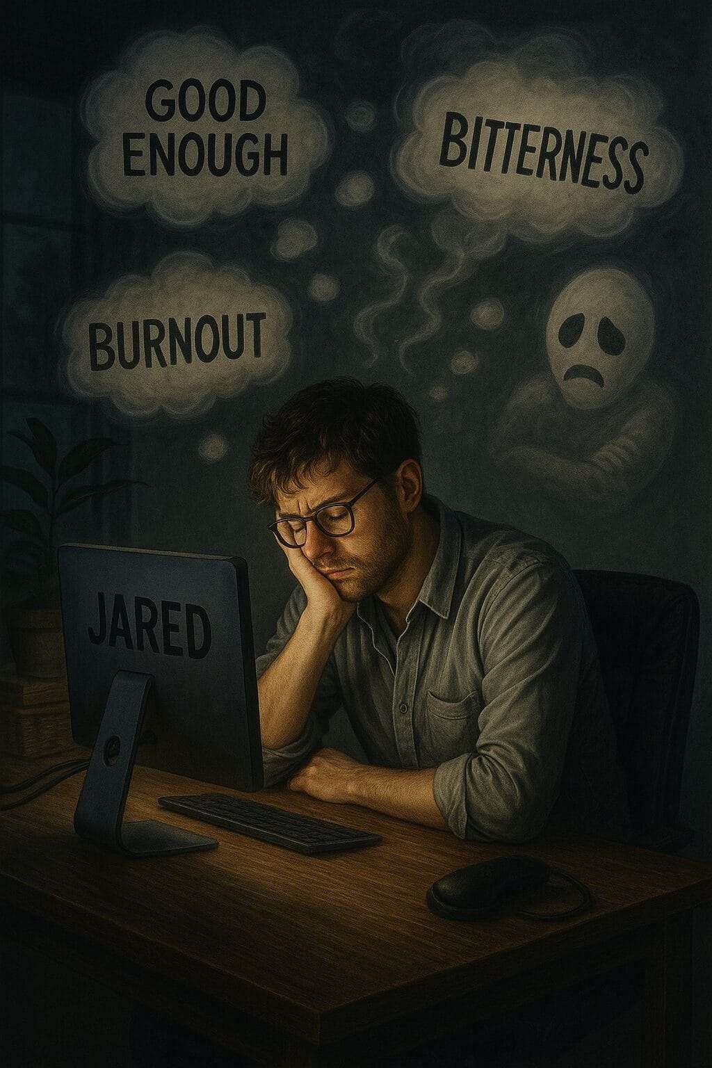 Fatigued man at computer surrounded by negative thoughts like burnout and bitterness
