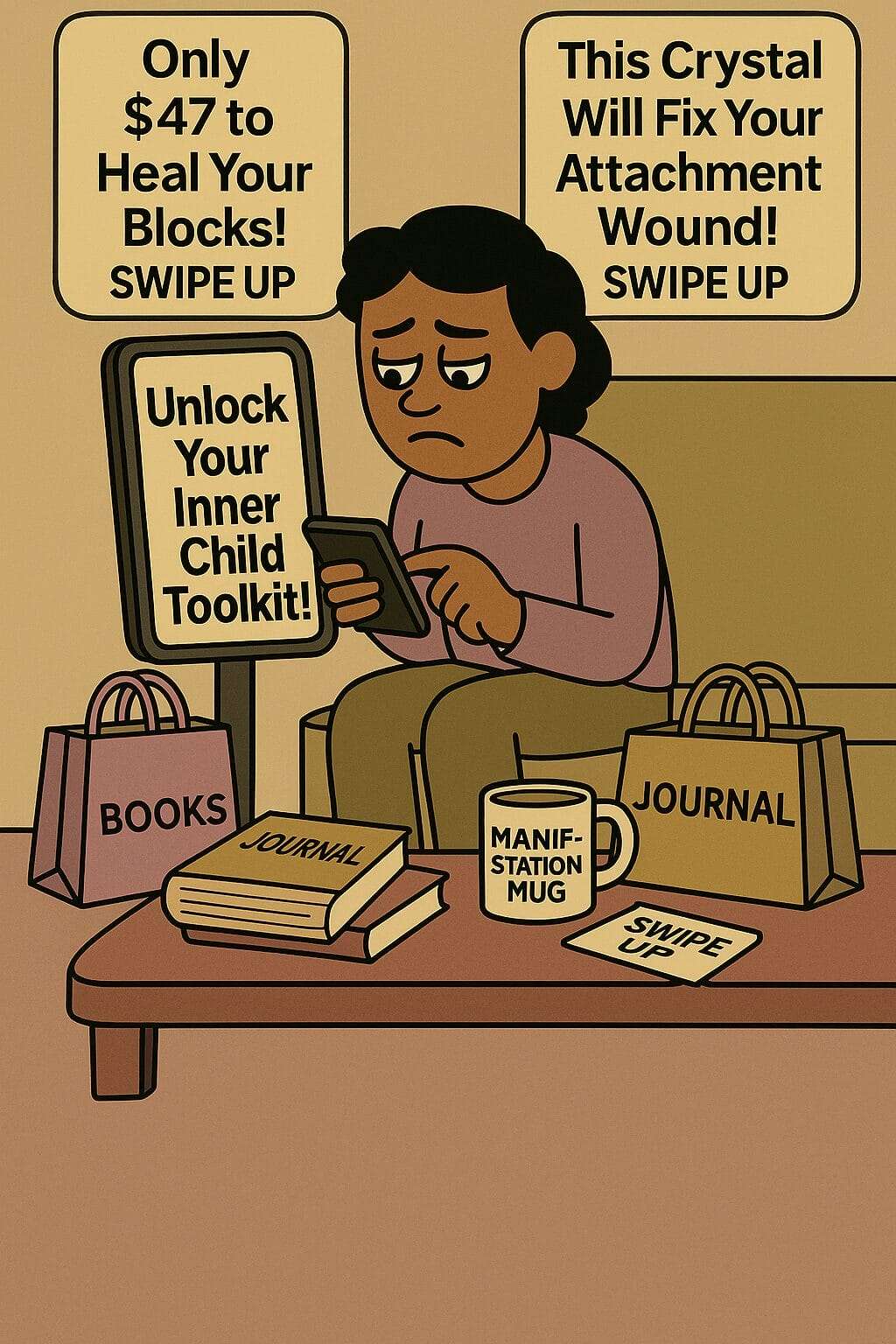 Cartoon-style image of a tired woman sitting on a couch scrolling through self-help ads on her phone. Around her are books, journals, and a mug labeled “Manifestation Mug,” with floating messages like “Unlock Your Inner Child Toolkit” and “This Crystal Will Fix Your Attachment Wound.”