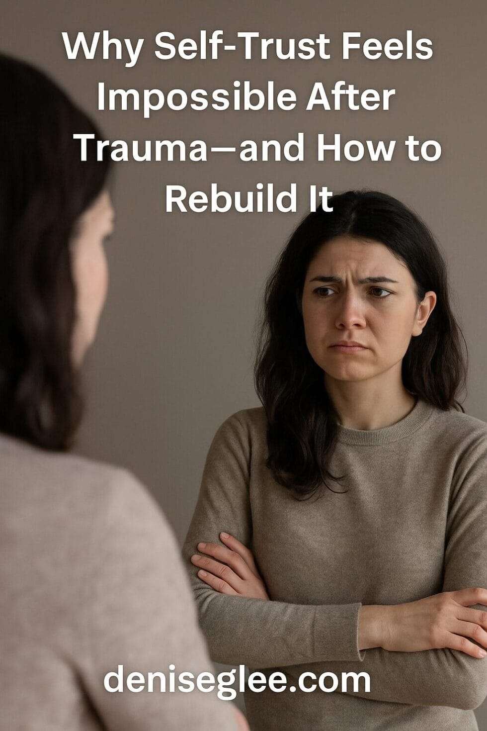 A woman seated alone, looking down in quiet reflection, visually representing the emotional weight of rebuilding self-trust after trauma; image branded with “deniseglee.com” at the bottom.
