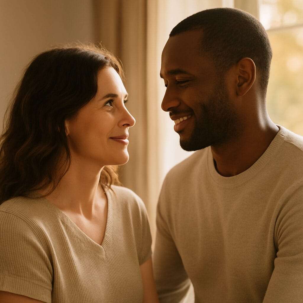 A woman and a man gaze into each other’s eyes, smiling softly in the warm afternoon light—capturing emotional closeness, comfort, and trust without pressure or performance