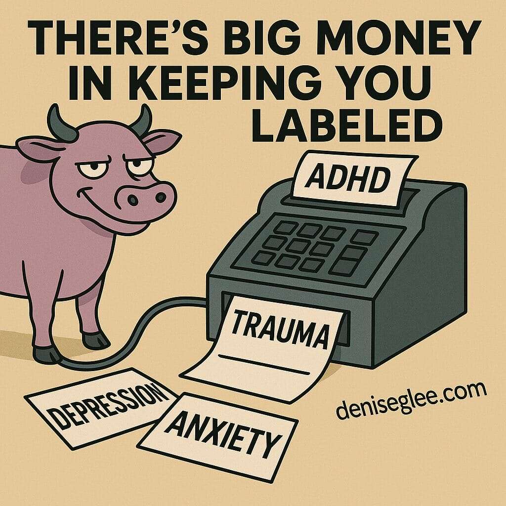 Cartoon image of a smirking purple cow next to a label maker printing out mental health labels like ADHD, Trauma, Depression, and Anxiety with the phrase 'There's big money in keeping you labeled' and deniseglee.com at the bottom.