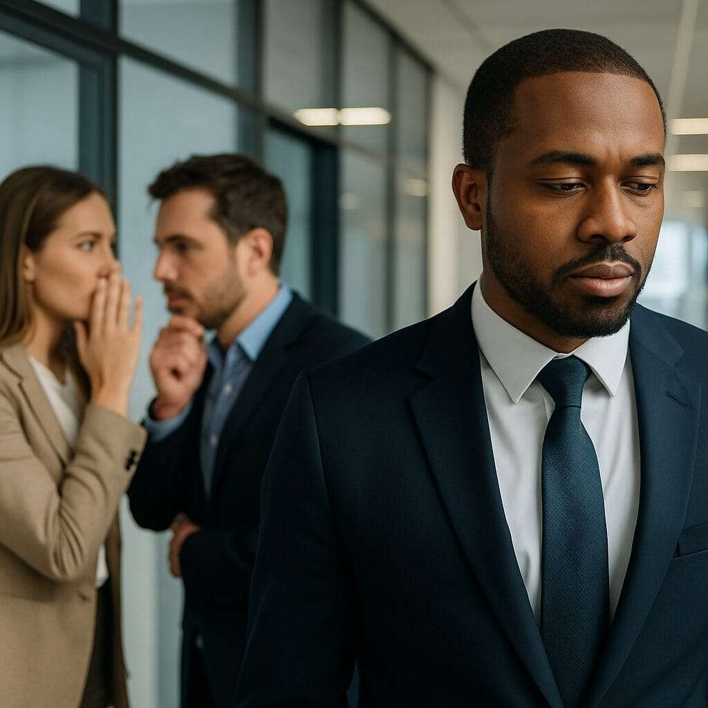Businessman walking alone in an office hallway as two coworkers whisper behind him