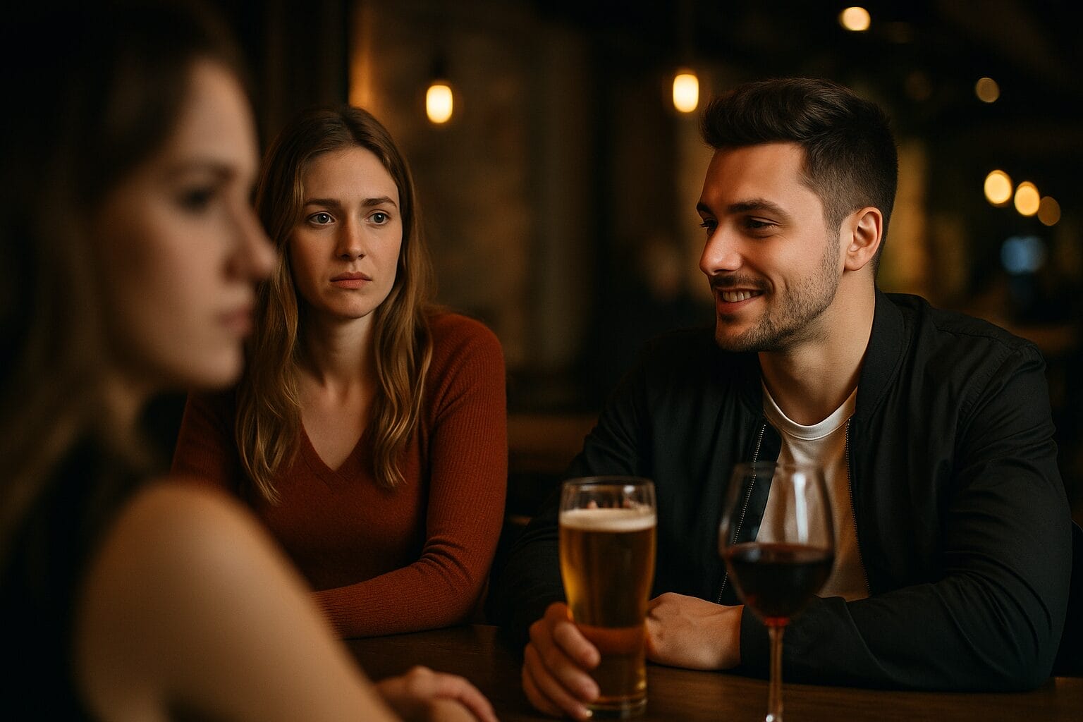 A woman looks longingly at a man across the table in a dimly lit bar, while another woman nearby observes the situation with concern, symbolizing unrecognized toxic attraction.