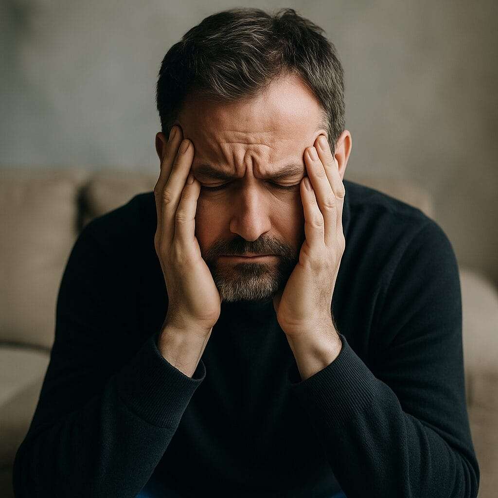 A middle-aged Caucasian man with light stubble sits in a modern office, looking down with a reflective expression, symbolizing the internal process of rebuilding self-trust after trauma.