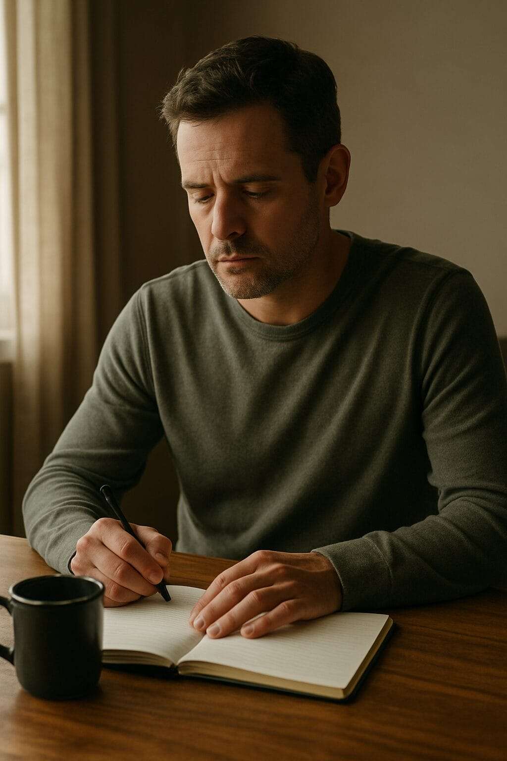 Middle-aged man in his 40s sitting at a table with a journal and coffee mug, deep in thought, symbolizing a quiet moment of self-reflection and breaking the shame cycle in recovery
