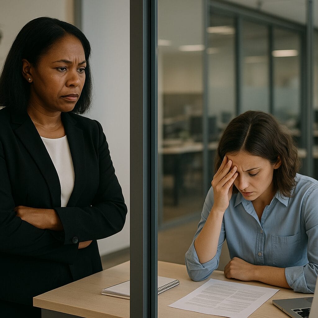 Concerned manager observing employee overwhelmed by perfectionism and work pressure.