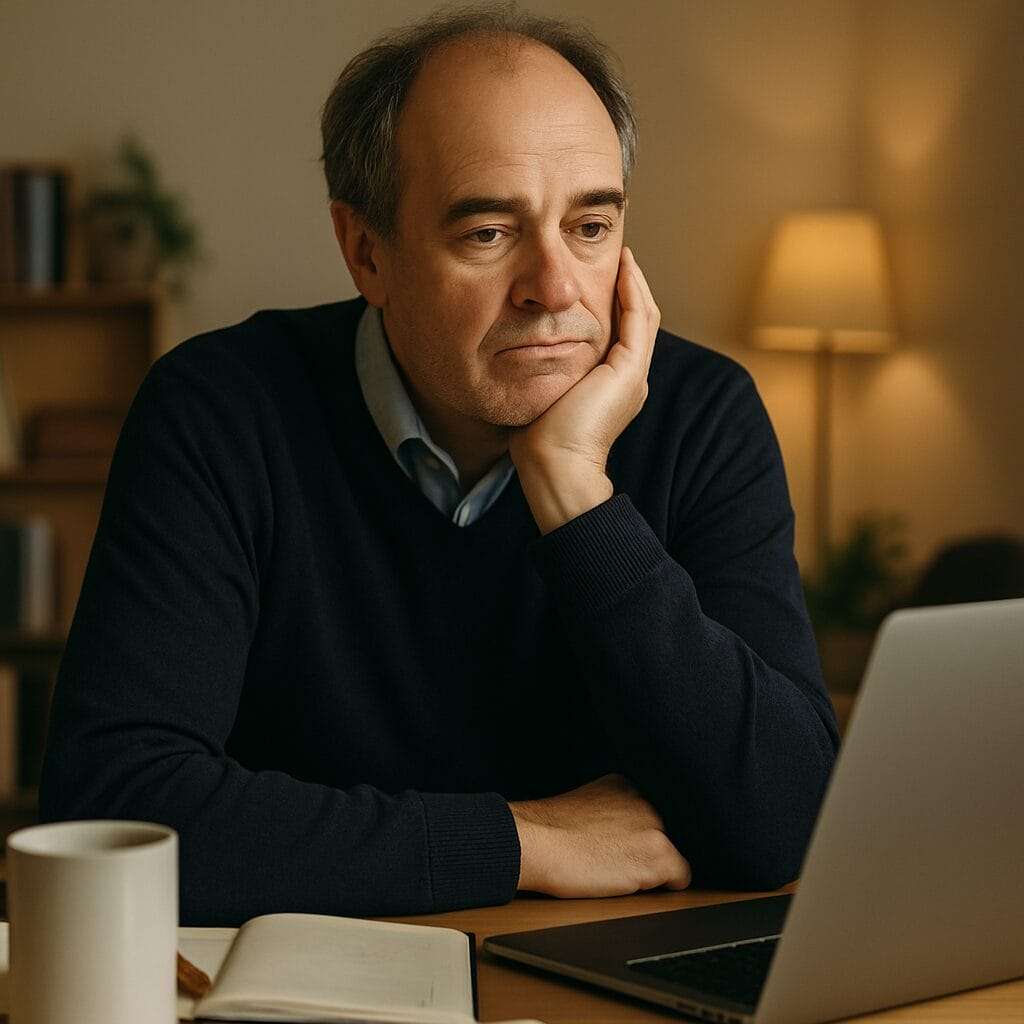 A middle-aged man sits at a desk in a warmly lit room, his face resting on his hand as he stares at a laptop. His expression is distant and worn, conveying emotional fatigue and inner disconnection.
