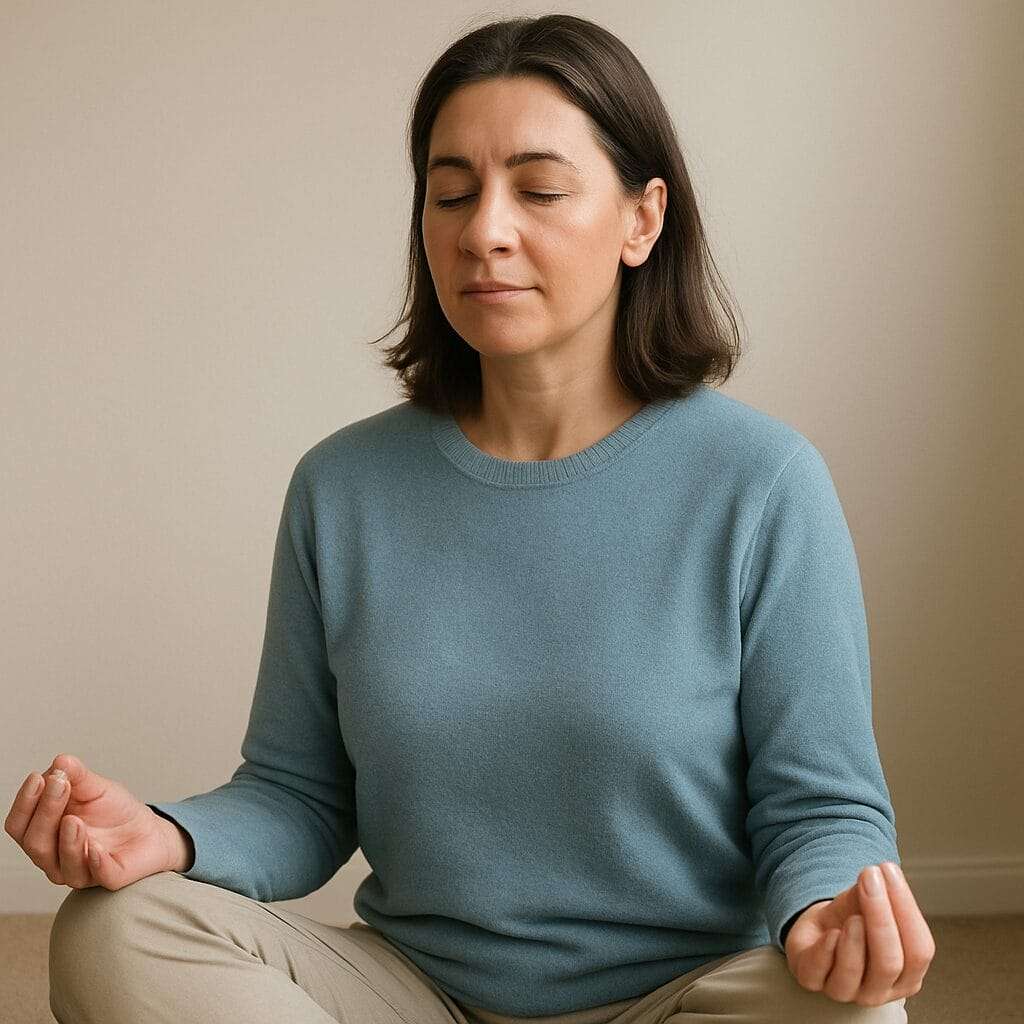 A middle-aged woman with closed eyes sits cross-legged on the floor in a peaceful room, meditating in soft natural light. Her expression is calm and focused as she practices stillness.