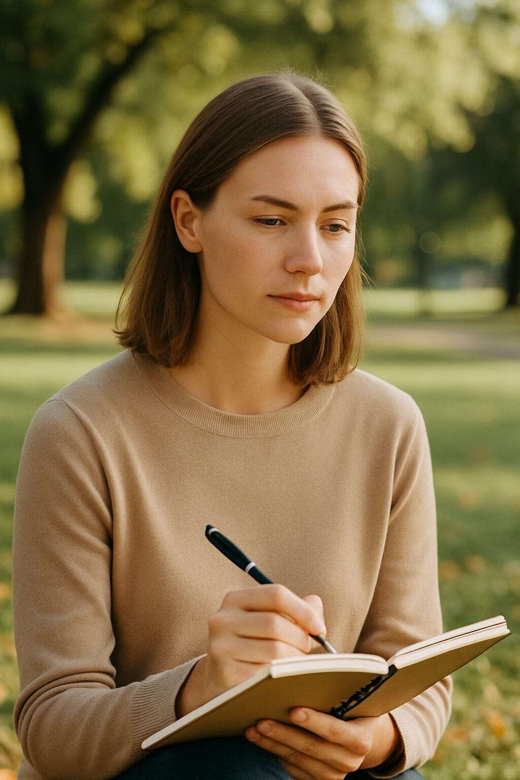 Young woman with light brown hair focused on writing in a journal while seated in a sunlit park, symbolizing mindful leadership and reflective practice