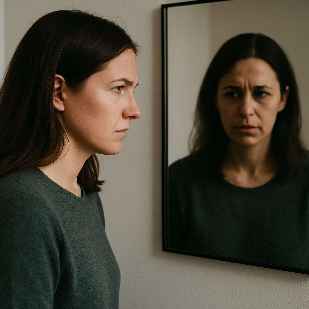 Woman staring into a mirror with a tense expression while her reflection appears more weary and conflicted