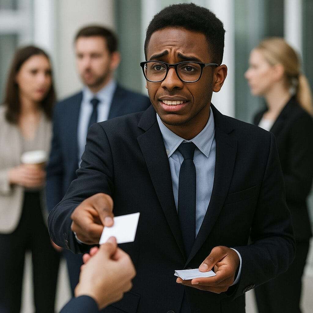 Anxious young African American man in a navy suit handing out a business card at a networking event while others in the background appear indifferent