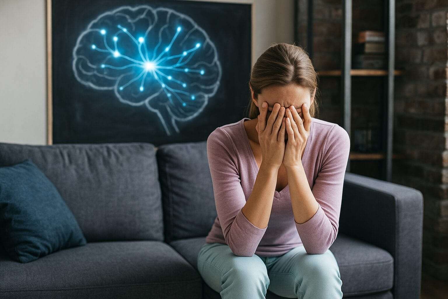 A woman sits on a gray couch with her face in her hands, looking distressed. Behind her is a glowing brain diagram on a chalkboard, symbolizing mental rewiring.