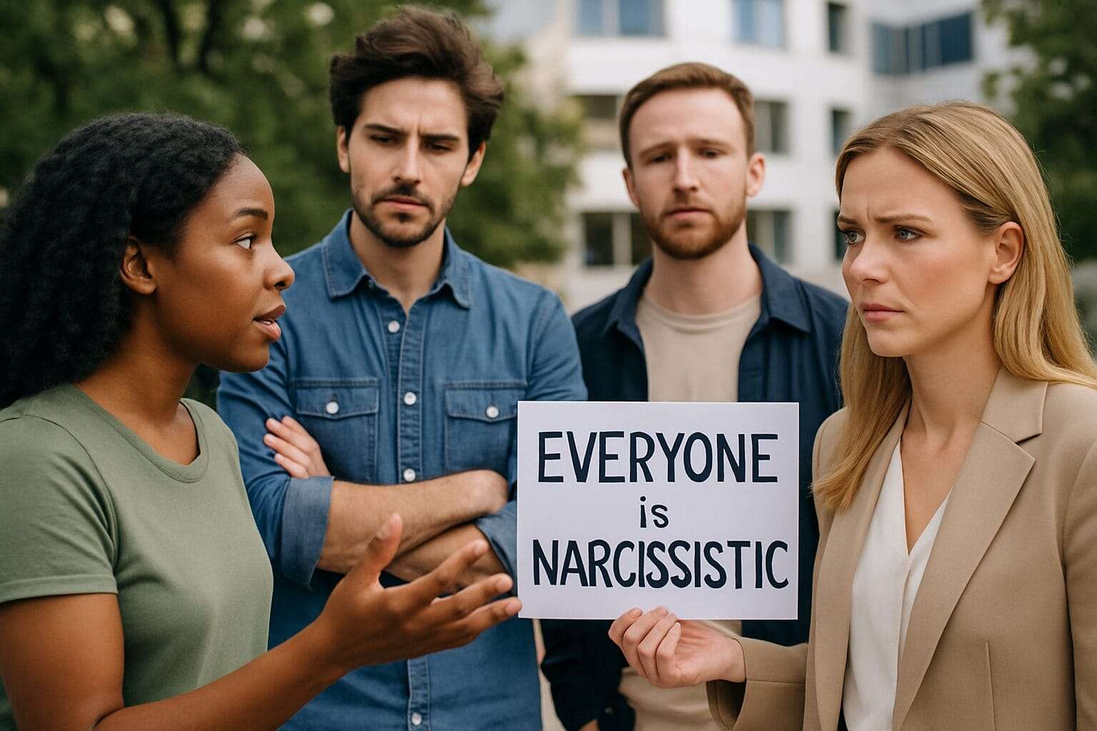Group of four diverse adults engaged in a serious outdoor conversation, with one person holding a sign that says ‘Everyone is Narcissistic