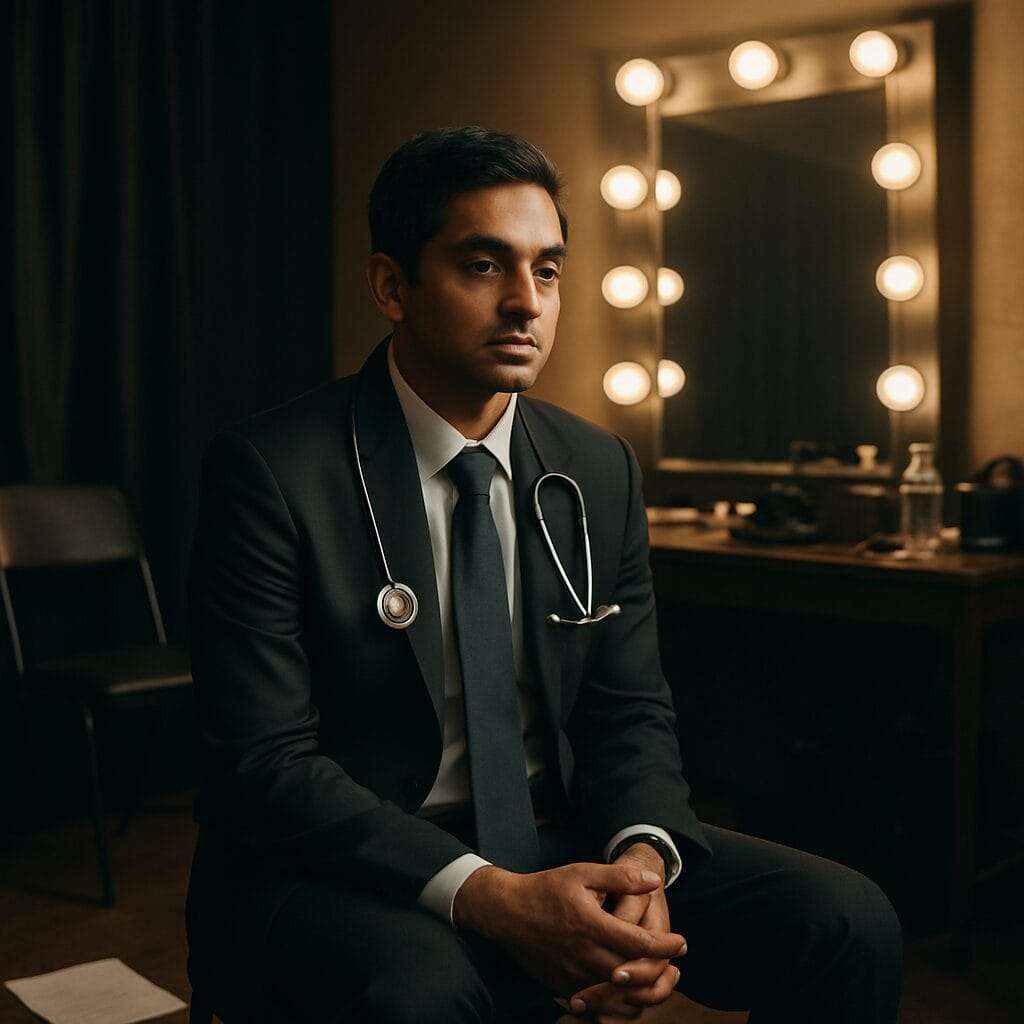 A solemn Indian doctor in a black suit and stethoscope sits in a dim dressing room, gazing blankly ahead under bright vanity lights, capturing the quiet dissociation behind professional composure.