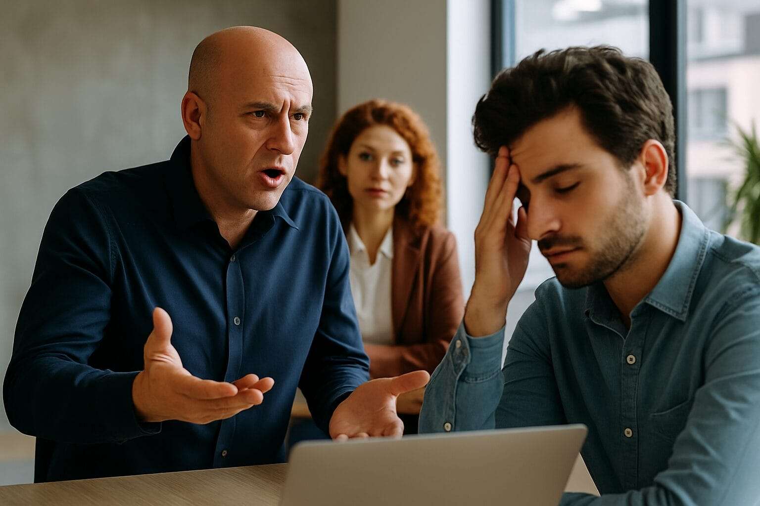 A bald man speaks forcefully with outstretched hands during a meeting, while a younger man sits with his head in his hand looking overwhelmed. A woman in the background watches the exchange, suggesting tension and overreaction in a leadership setting.