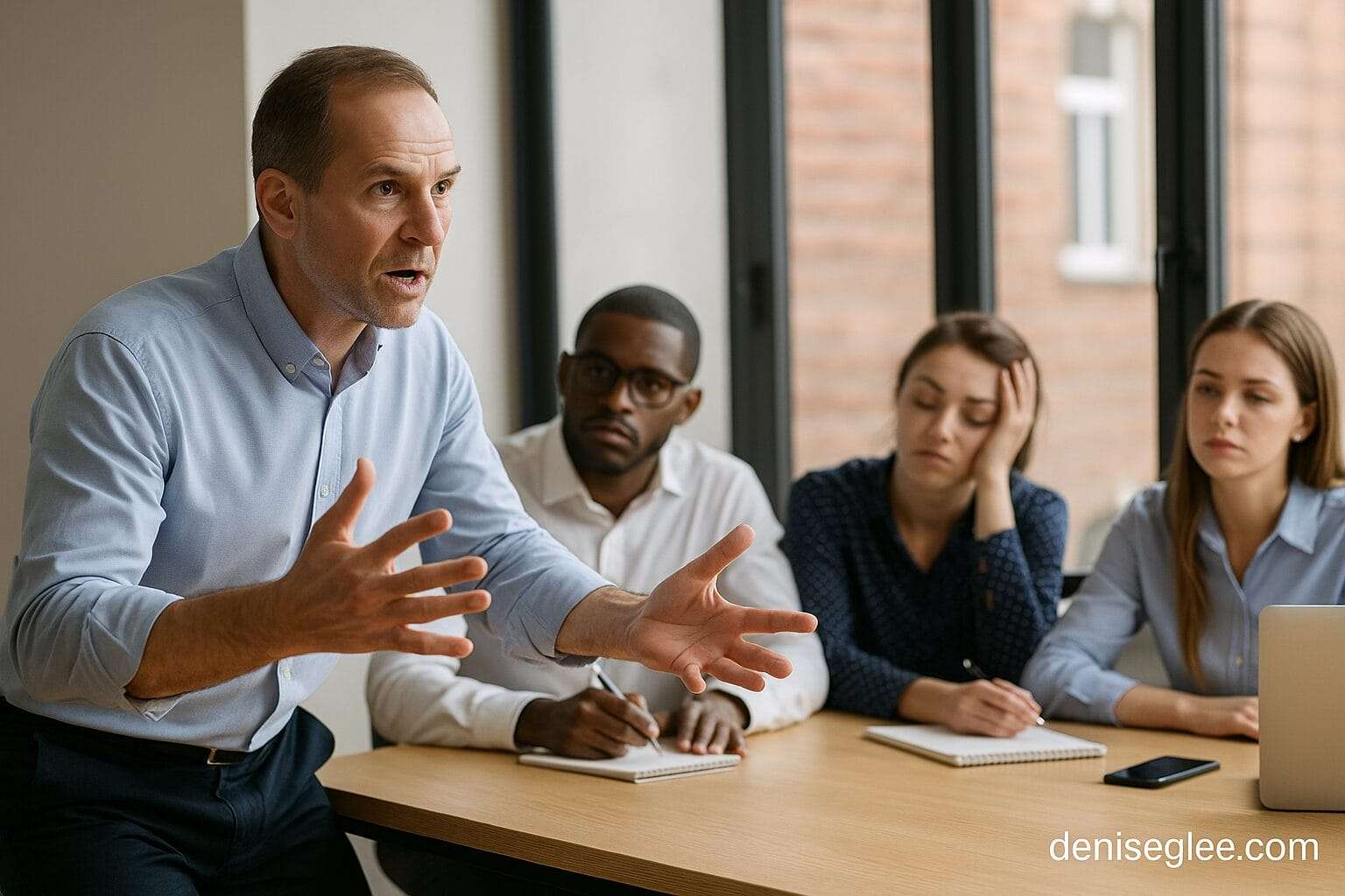 A middle-aged man speaks with animated hand gestures during a meeting, while his team looks tired and disengaged. The image subtly includes deniseglee.com at the bottom.