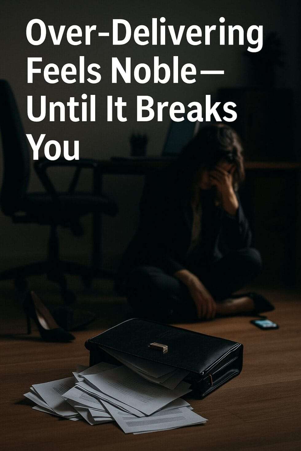 A woman slumped on the office floor near a spilled briefcase and buzzing phone, overwhelmed—capturing the breaking point of over-delivering.