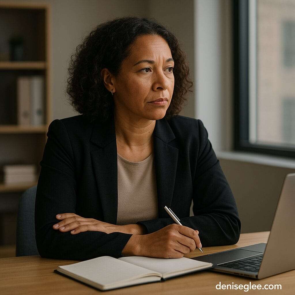 A contemplative woman in her mid-40s sits at a desk with a notebook and laptop, symbolizing the emotional weight and internal conflict passive-aggressive parenting can carry into leadership