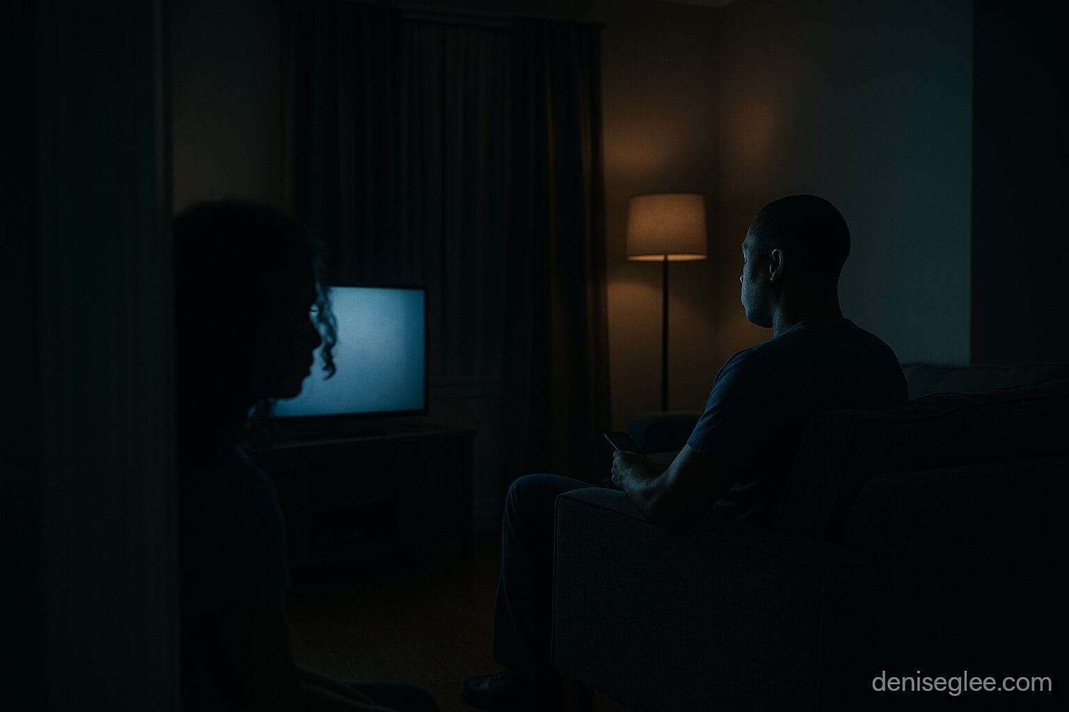 A man sits silently watching television in a dimly lit living room, while a teenage girl stands in the shadows nearby, symbolizing emotional absence and passive-aggressive parenting