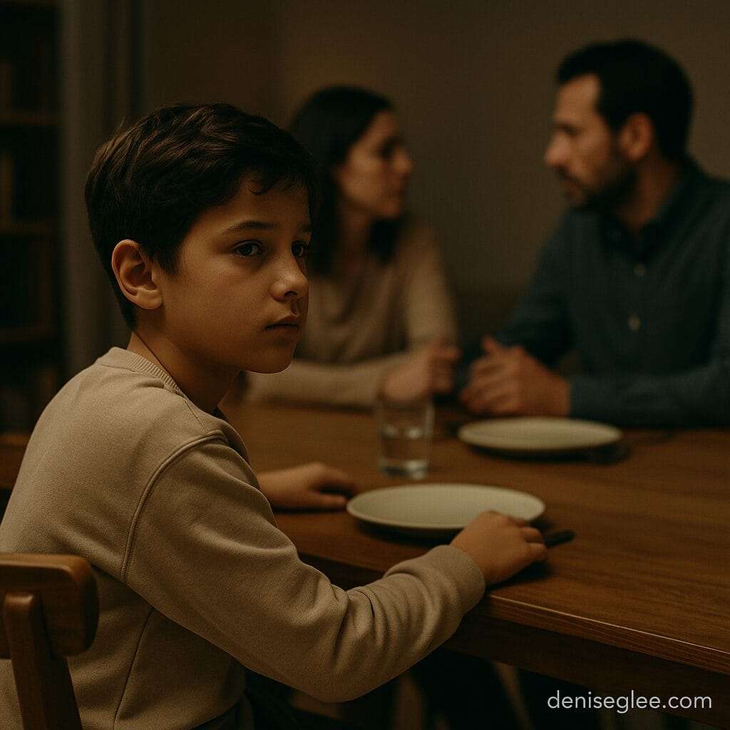 A child sits quietly at a dinner table, watching their parents in the background with cautious anticipation, symbolizing the emotional tension of passive-aggressive parenting