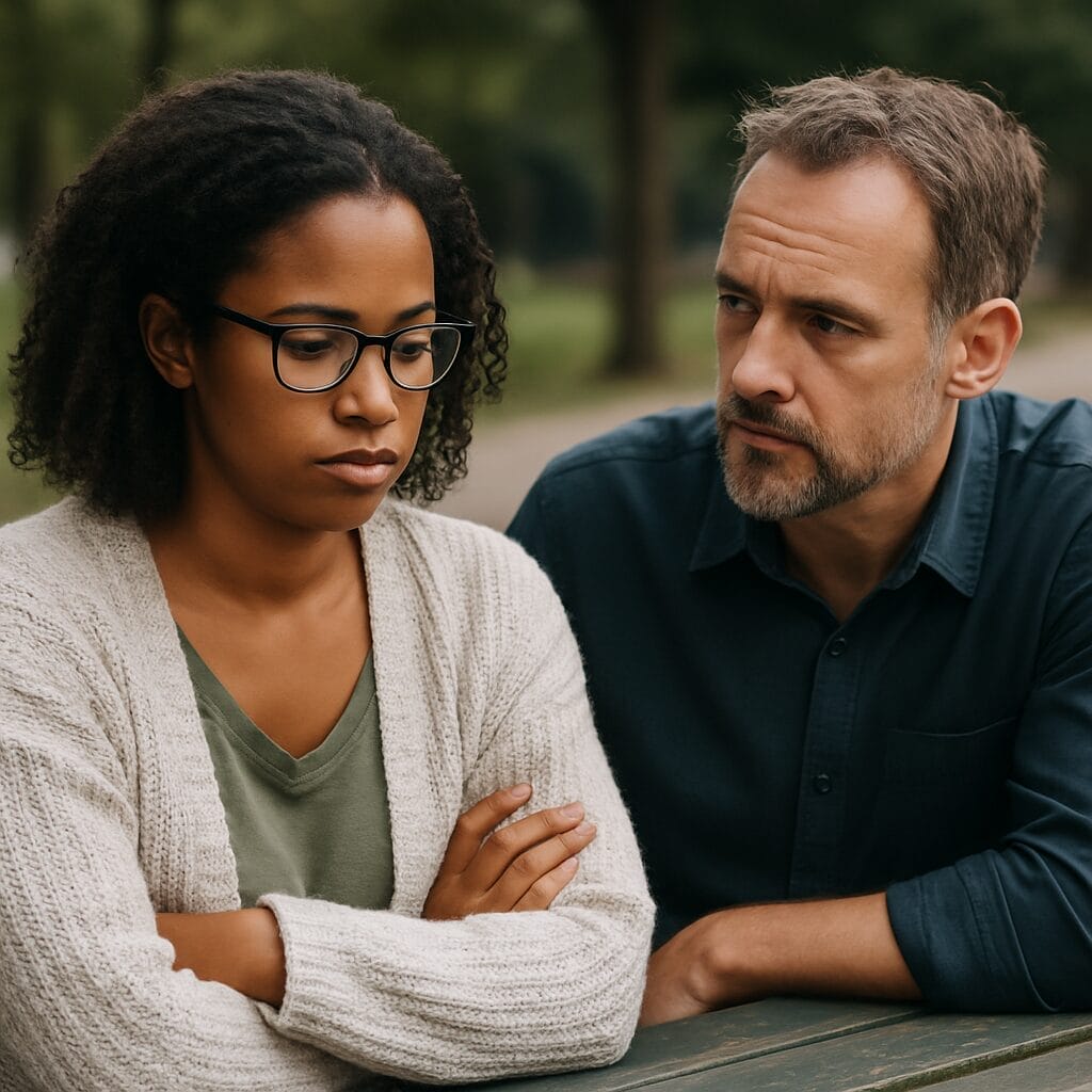 : A Black woman and a white man sitting on a park bench, both appearing thoughtful—capturing the emotional discomfort and hesitation that can arise when building platonic connections
